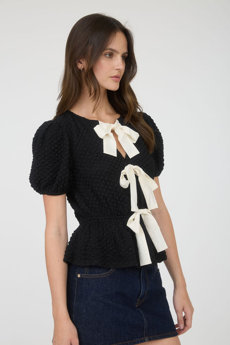 Front Bow Puffer Knit Top
