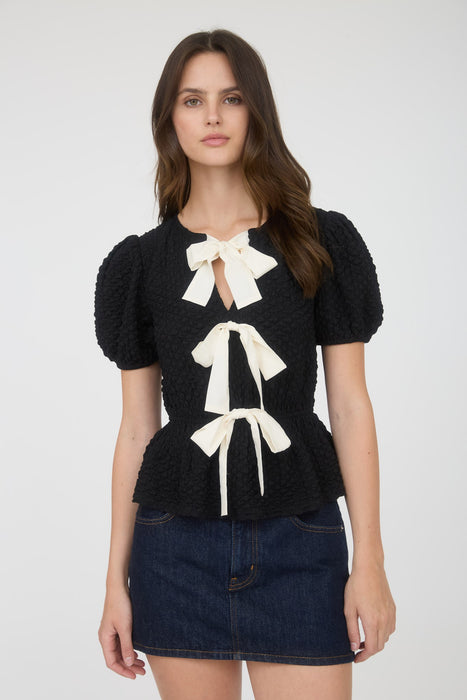 Front Bow Puffer Knit Top