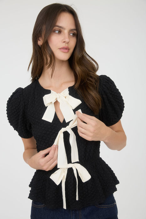 Front Bow Puffer Knit Top