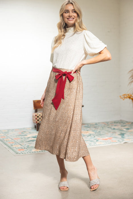 Tie Belt Animal Print Midi Skirt