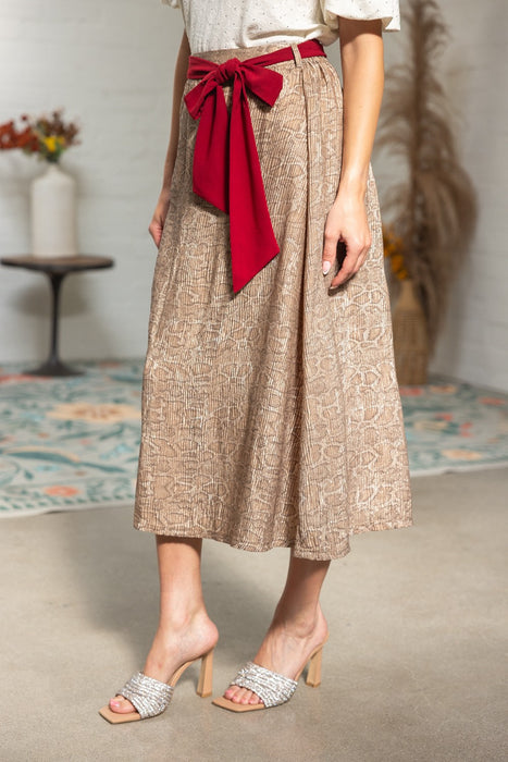 Tie Belt Animal Print Midi Skirt