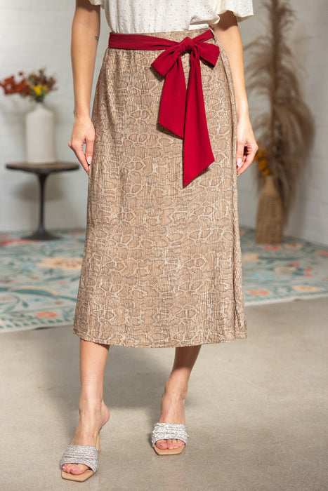 Tie Belt Animal Print Midi Skirt