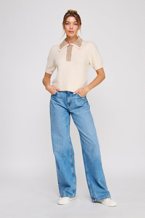 Collared Puff Sleeve Sweater Top