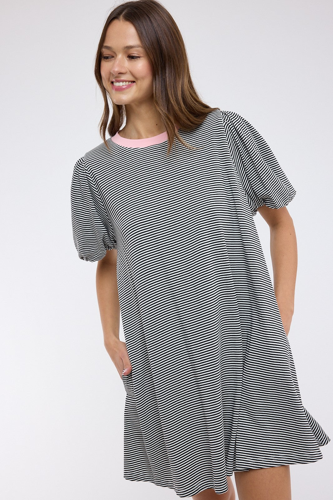 Striped Puff Sleeve Knit Mini Dress Black/Pink