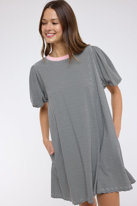 Striped Puff Sleeve Knit Mini Dress Black/Pink Striped Puff Sleeve Knit Mini Dress Black/Pink