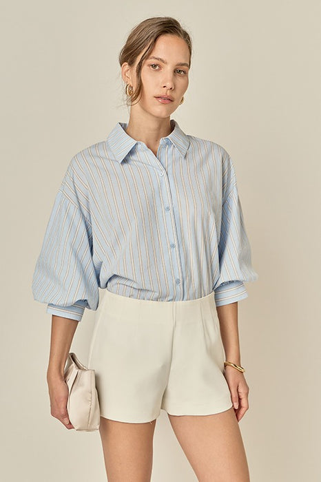 Button Down Striped Puff Sleeve Blouse
