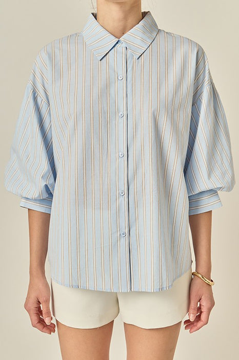 Button Down Striped Puff Sleeve Blouse