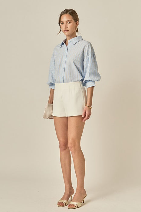 Button Down Striped Puff Sleeve Blouse