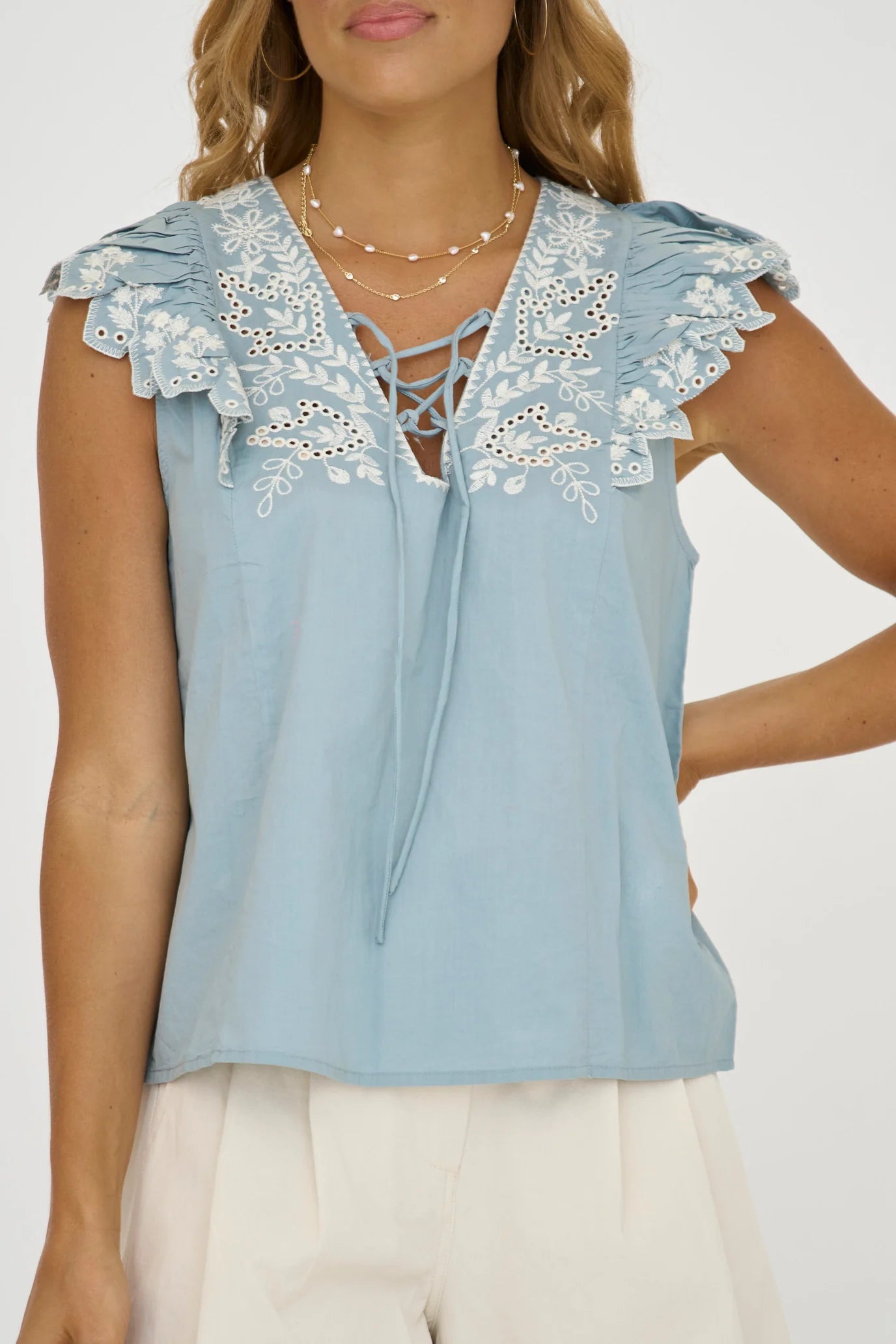 S/S LACE UP TOP BLUE NATURAL