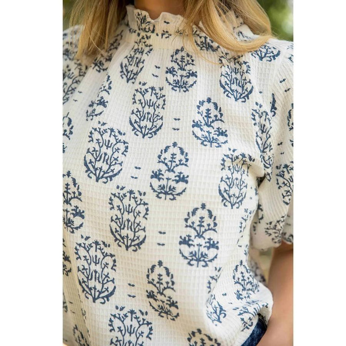 Puff Sleeve Textured Top Navy
