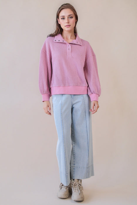 Waffle Weave High Neck Top Pink