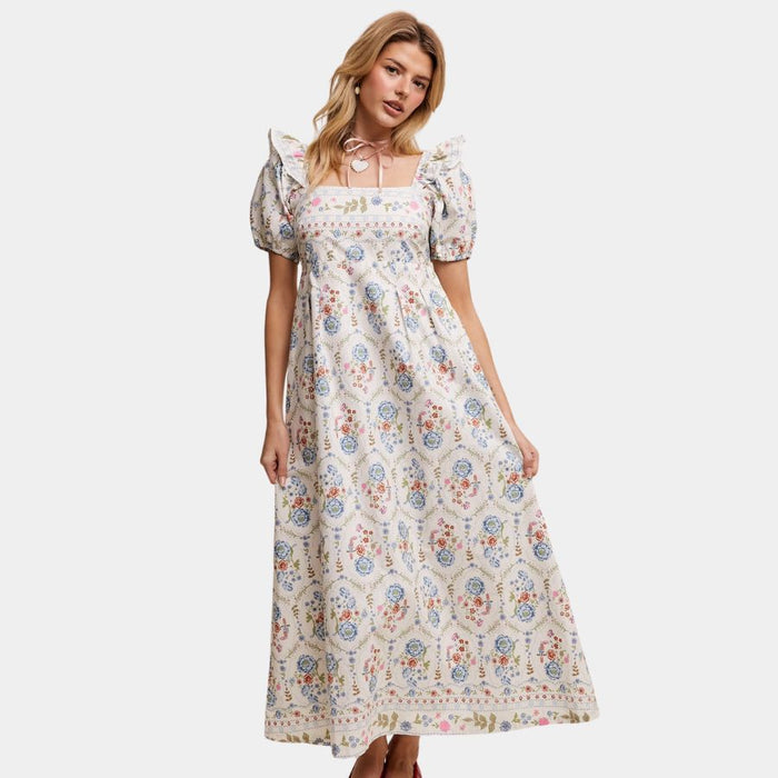 Floral Ruffle Babydoll Maxi Dress cream