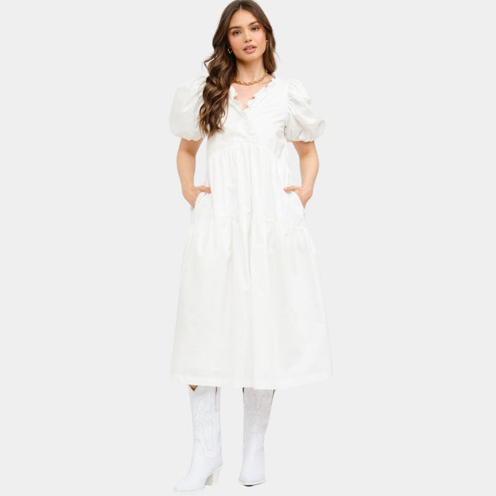 Emmy Ruffled Puff Sleeve Midi Dress Off White