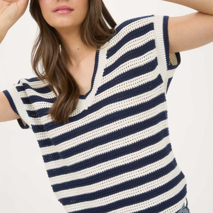 V-Neck Stripe Crochet Sweater Navy