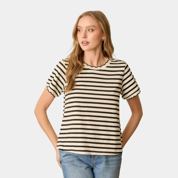 Striped Scallo Edge Top ivory/black