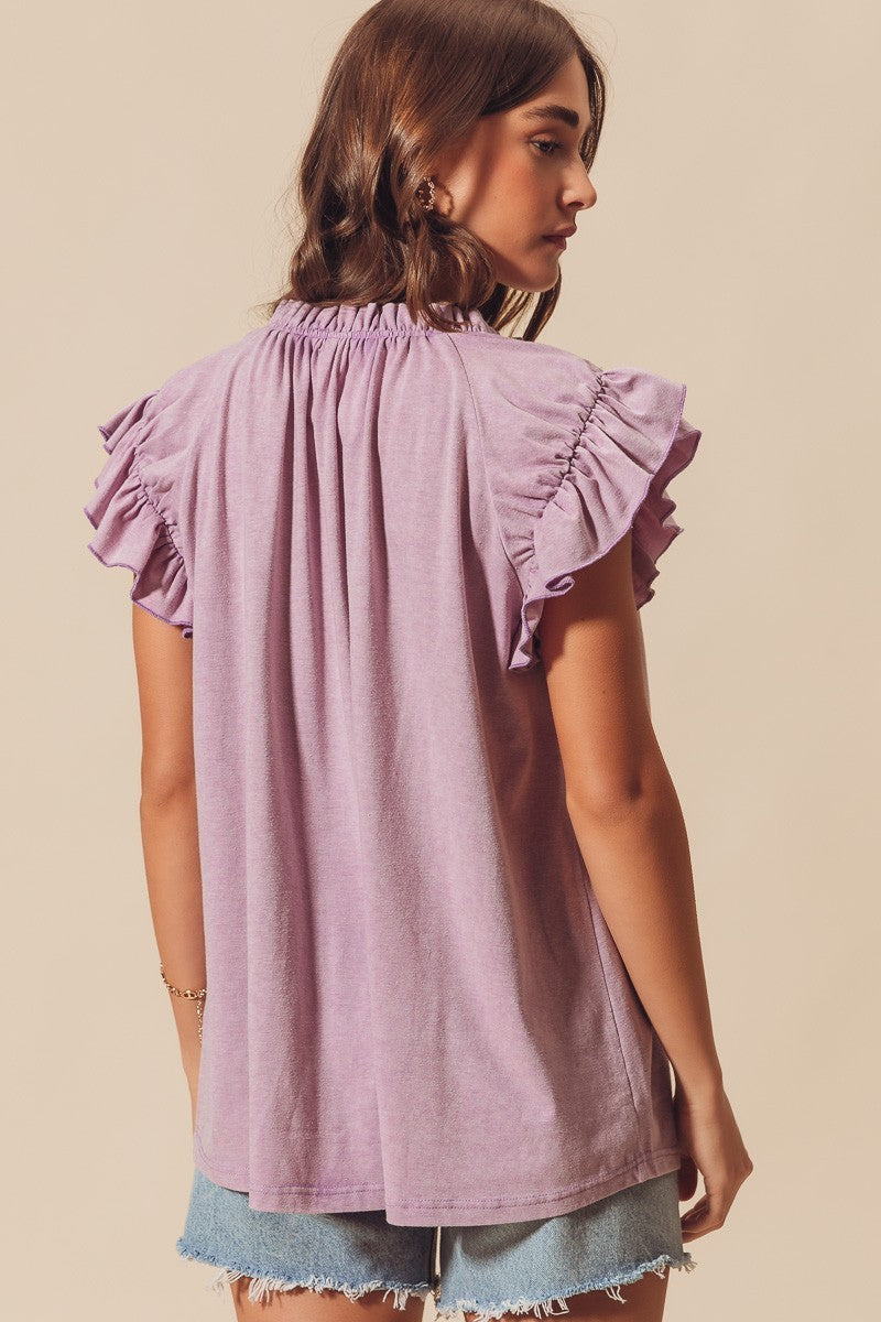 BUTTERFLY SLEEVE FRILLED NECK BLOUSE