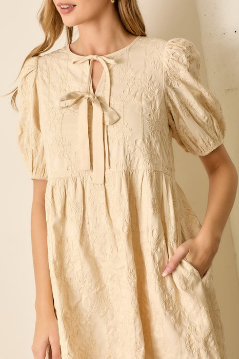 Textured Bubble Print Bubble Sleeve Mini Dress