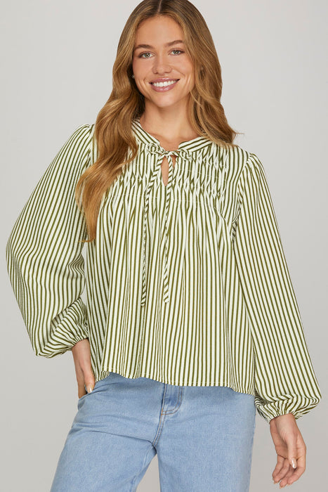 Pintuck Striped Top Olive
