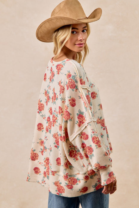 Floral Cut Edge Oversized Waffle Sweatshirt