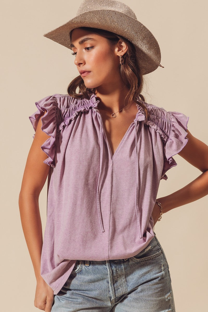 BUTTERFLY SLEEVE FRILLED NECK BLOUSE