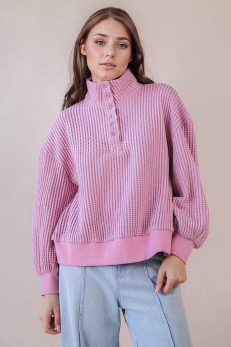 Waffle Weave High Neck Top Pink