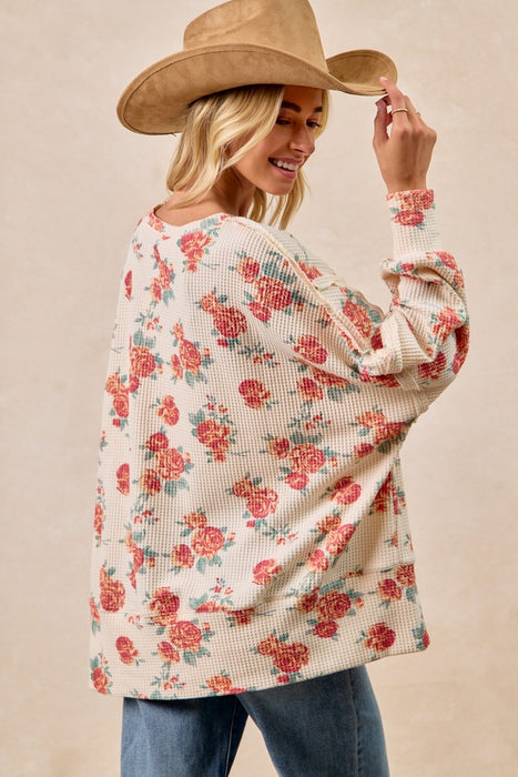 Floral Cut Edge Oversized Waffle Sweatshirt