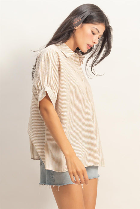 Striped Button Down Top taupe/white