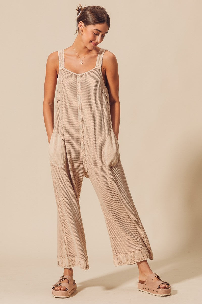 THERMAL WAFFLE WIDE LEG OVERALLS