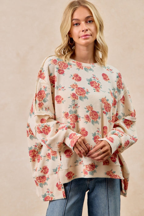 Floral Cut Edge Oversized Waffle Sweatshirt