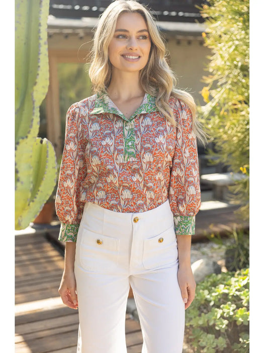 1/4 Button Floral Print Top