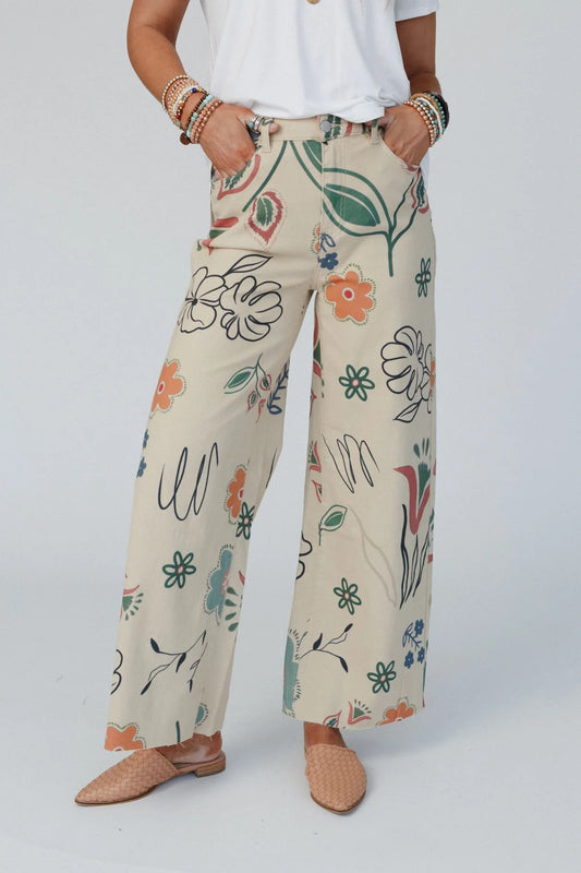 PRINTED WASHED TWILL WIDE LEG PANT