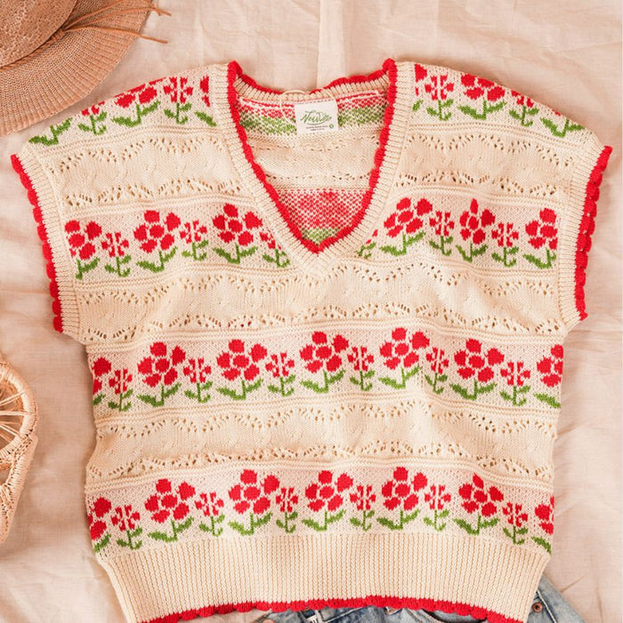 Short Sleeve Flowers Sweater red/ivory