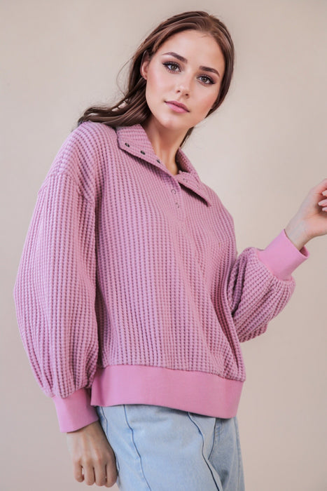 Waffle Weave High Neck Top Pink