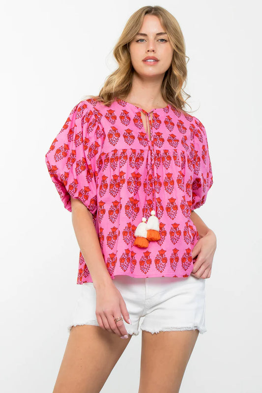 Tassle Tie Print Top in Pattern Pink