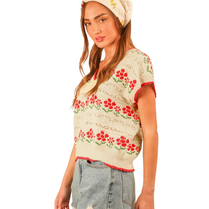 Short Sleeve Flowers Sweater red/ivory