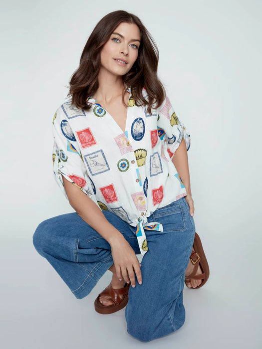 Printed Front Tie Blouse