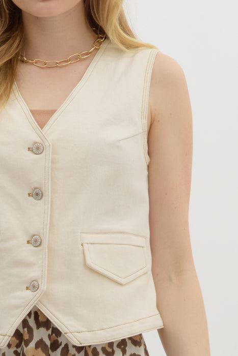 Jean Vest With Stitch Detail Cream