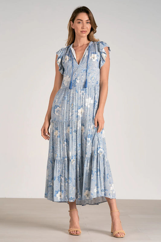 Blue Leaf Print Ruffle Sleeve Maxi Dress