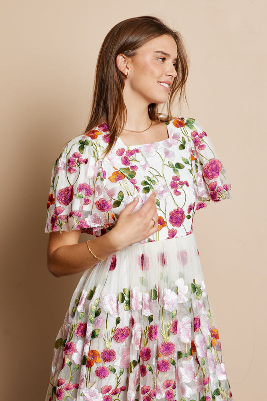 FLORAL EMBROIDERED MESH DRESS