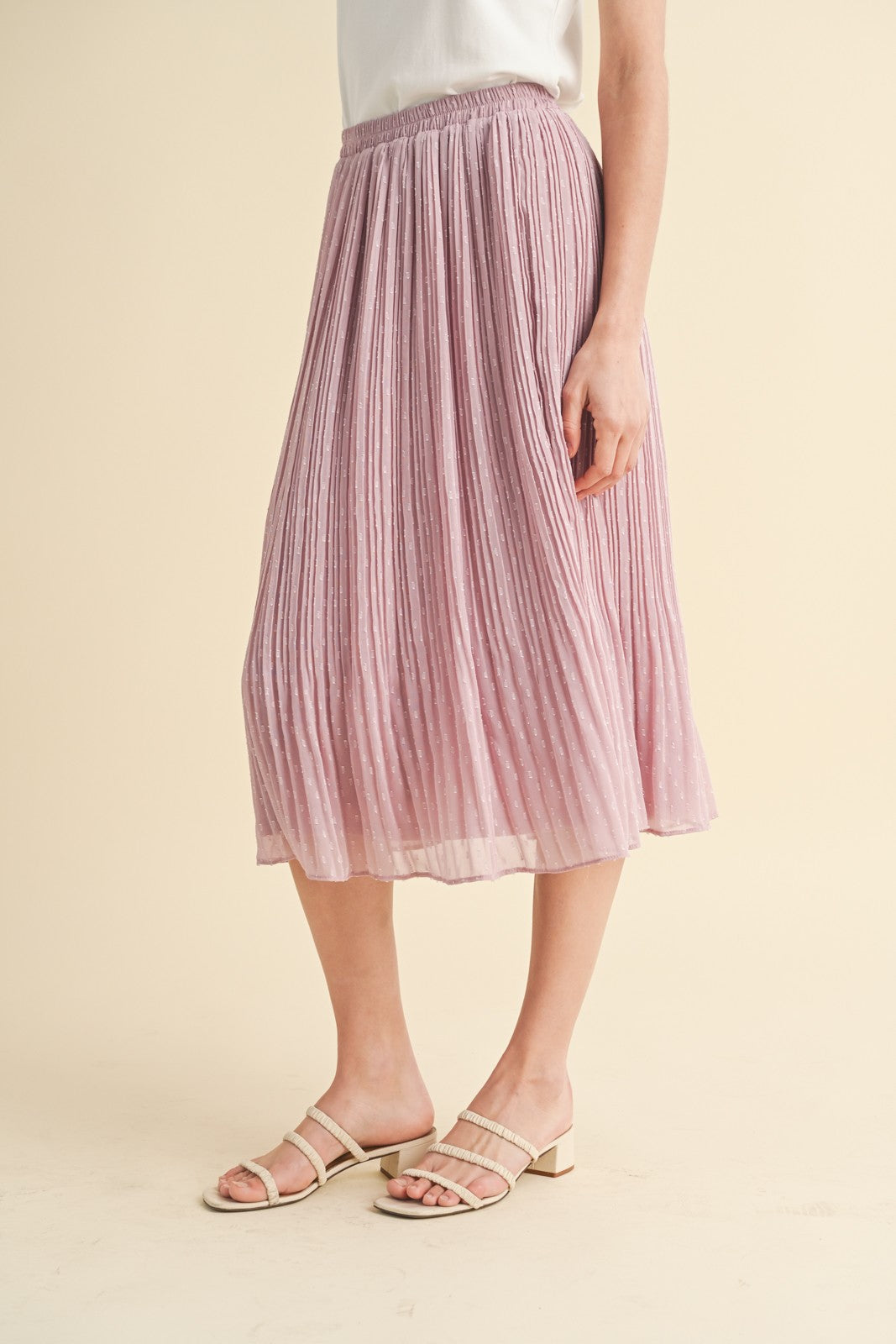 SWISS DOT PLEATED MIDI SKIRT