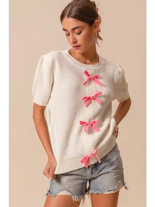TEXTURED SWEATER W/ RIBBON FRONT