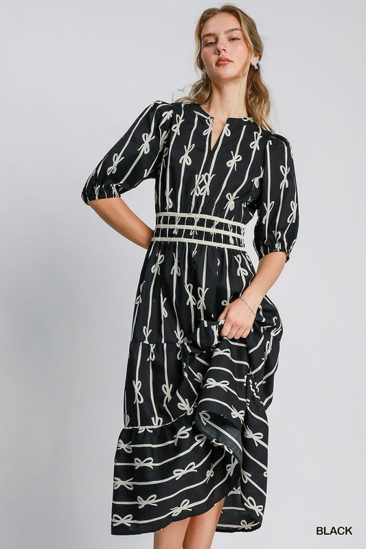 BOW TIE PRINT MAXI DRESS WITH VELVET TRIM