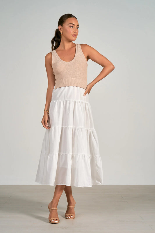 White and Natural Knit Midi Dress