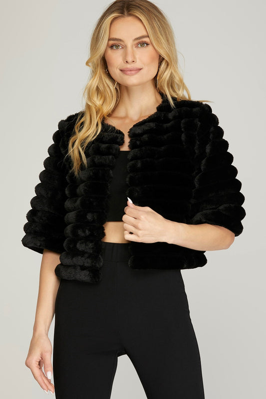 HALF SLEEVE FAUX FUR CROP JACKET