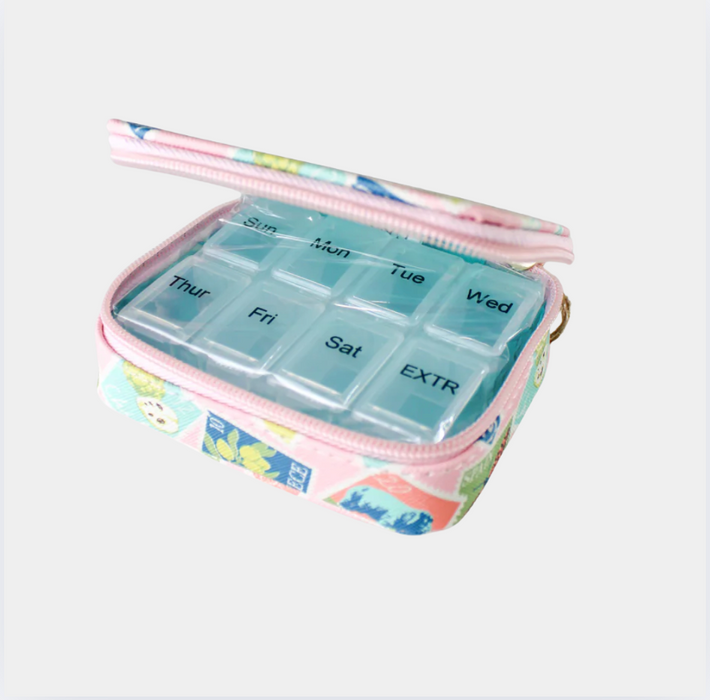 Travel Pill Case pink stamps