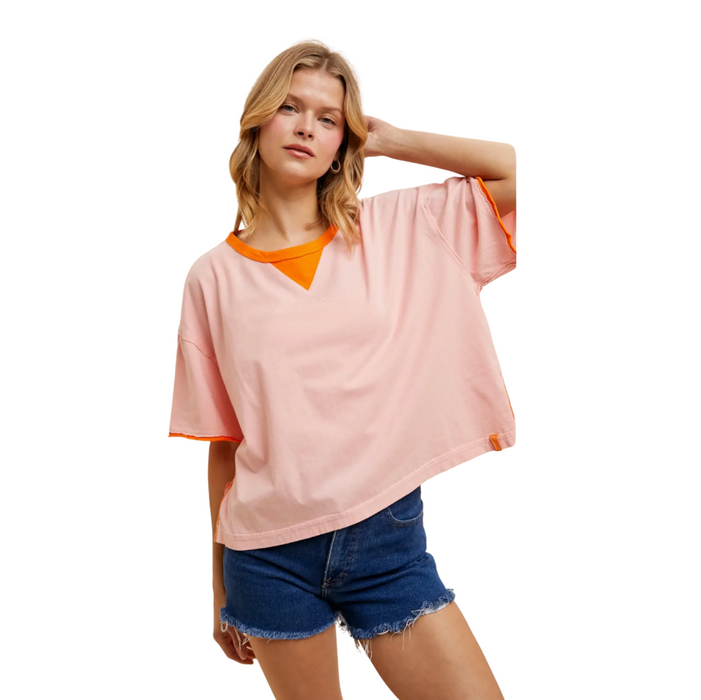 Washed Contrast Ringer Tee Sweet Pink