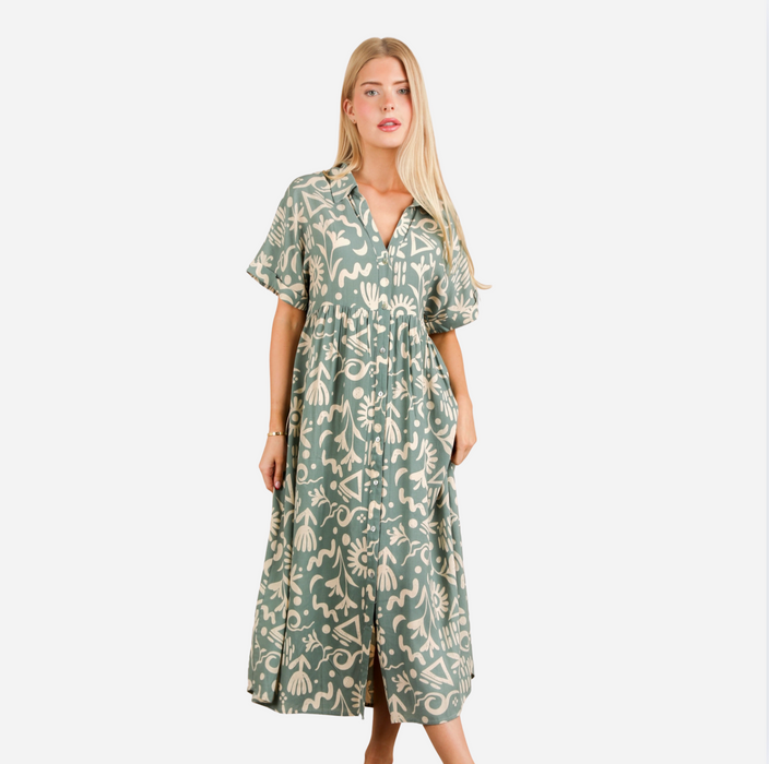 Textured V Neck Dress sage mix
