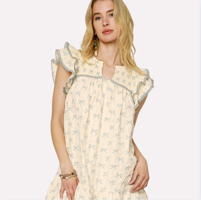 Smocked Ribbon Print Mini Dress