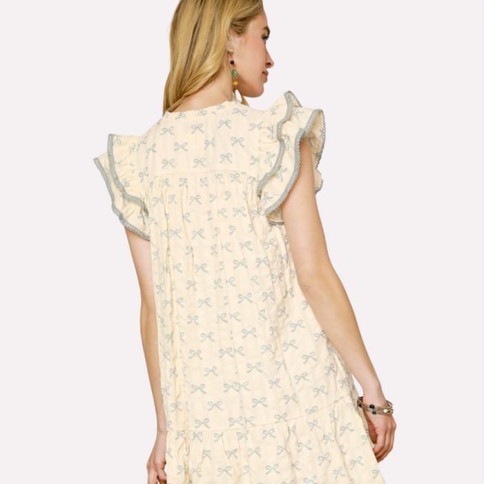 Smocked Ribbon Print Mini Dress