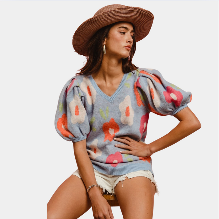 Floral Pattern Puff Sleeves VNECK Sweater Lt Blue